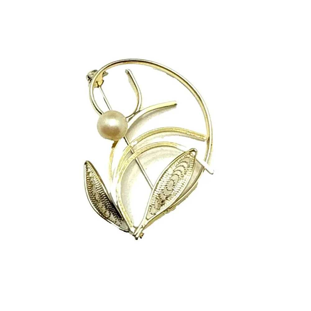 VINTAGE Filigree Leaf Faux Pearl Brooch Gold Tone Leaves Pin 2